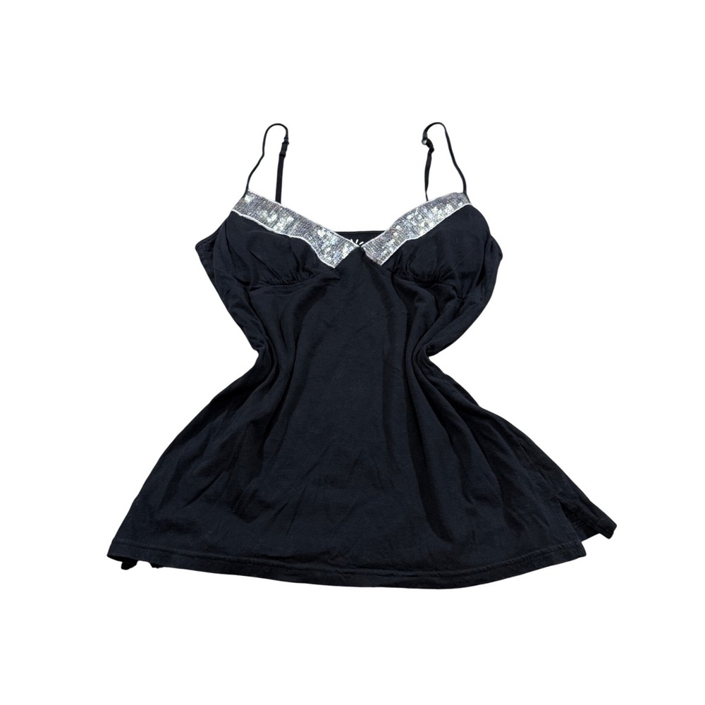 Y2K Energie Cami Top‎ Black Sequin Empire Waist Silver Beaded 2000s Festival L